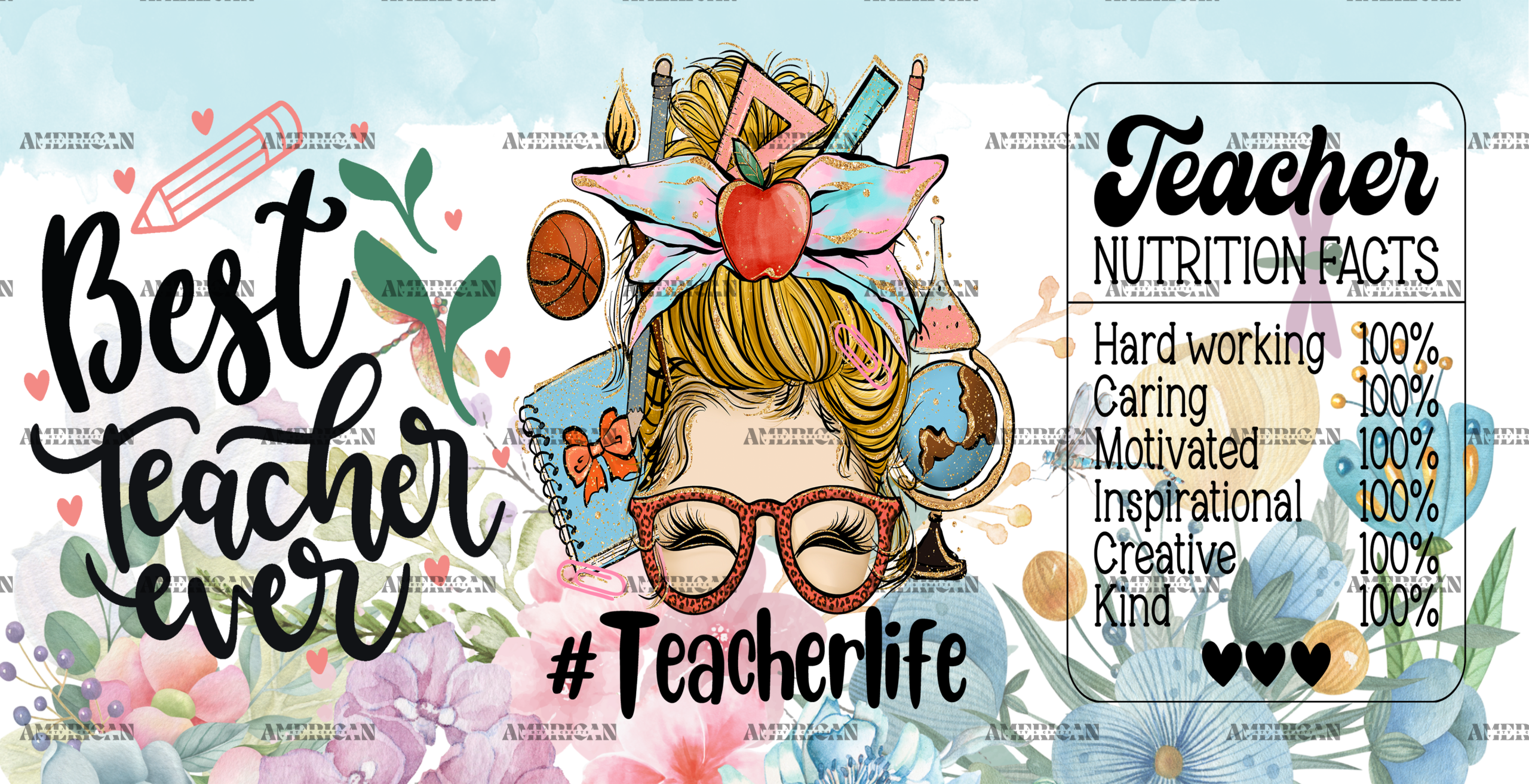 Teacher Life Nutrition Facts Flowers UV DTF Transfer