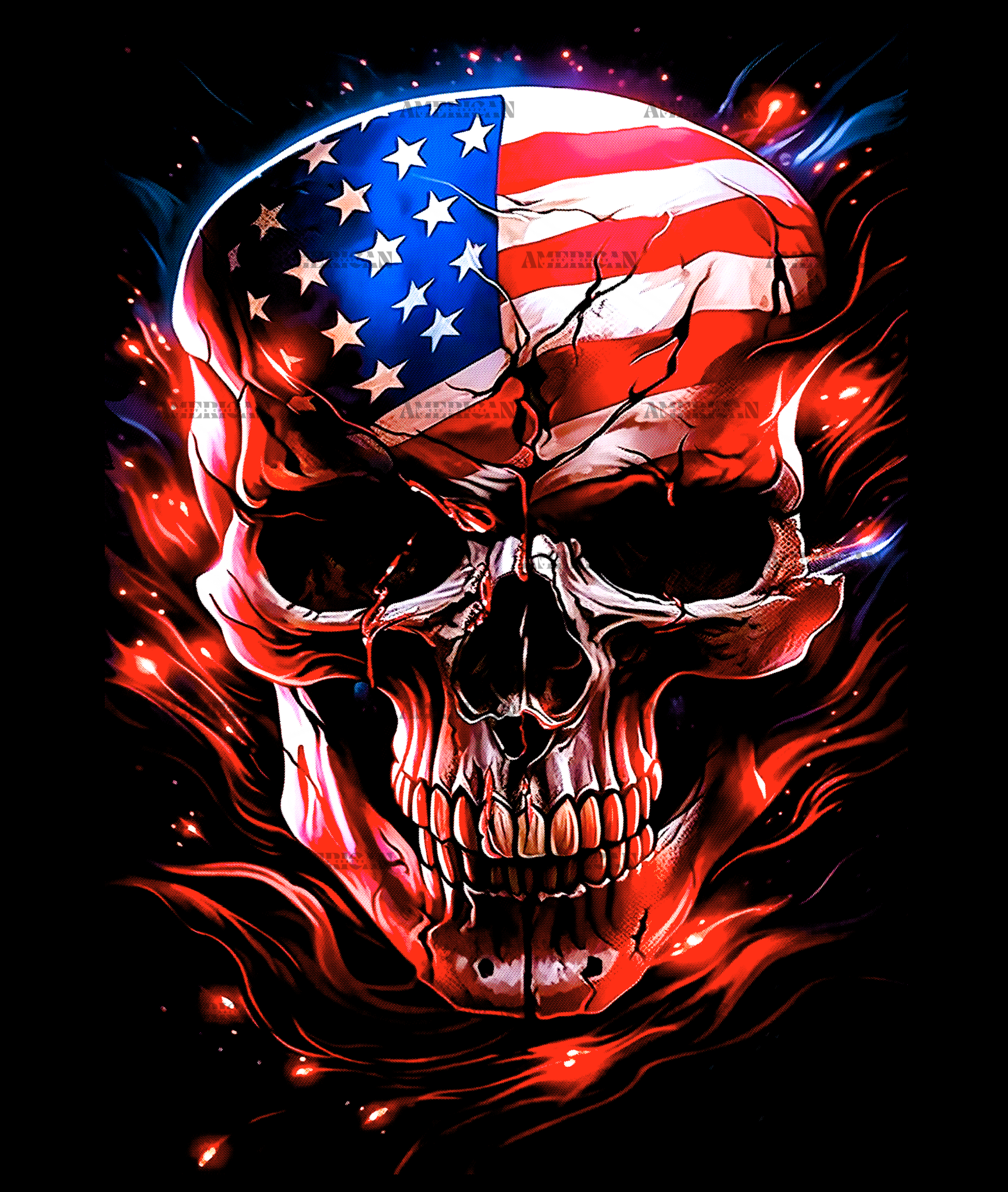 American Flag Skull Flames DTF Transfer